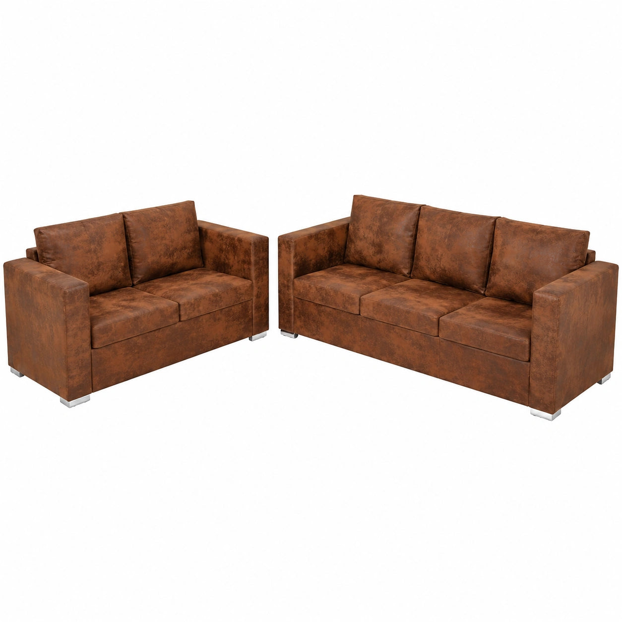 Set divano 2 pezzi in ecopelle marrone, struttura legno, cuscini rimovibili, divano 2+3 posti per relax