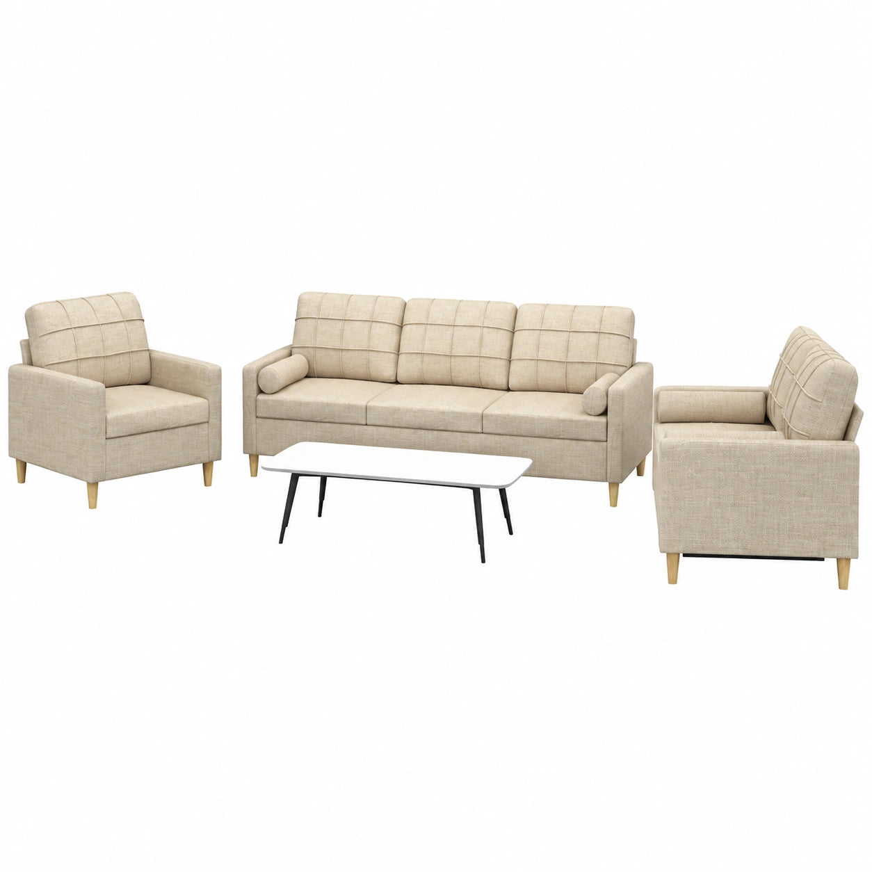 Set Divano 3 Pezzi in Tessuto Crema, Divano Angolare Moderno con Struttura in Metallo e Cuscini Decorativi