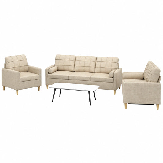 Set Divano 3 Pezzi in Tessuto Crema, Divano Angolare Moderno con Struttura in Metallo e Cuscini Decorativi