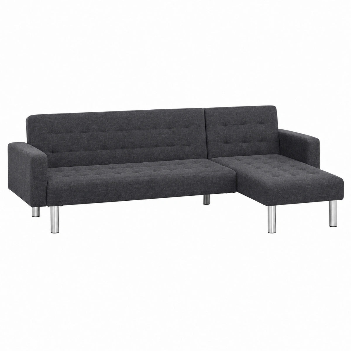 Divano Letto ad Angolo Grigio Scuro con Rivestimento in Poliestere, Struttura in Legno, 2 Posizioni Reclinabili, Gambe Cromate, Ideale per Soggiorno