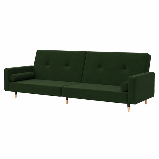 Divano letto 2 posti velluto verde scuro con cuscini, compatto e confortevole per soggiorno e balcone