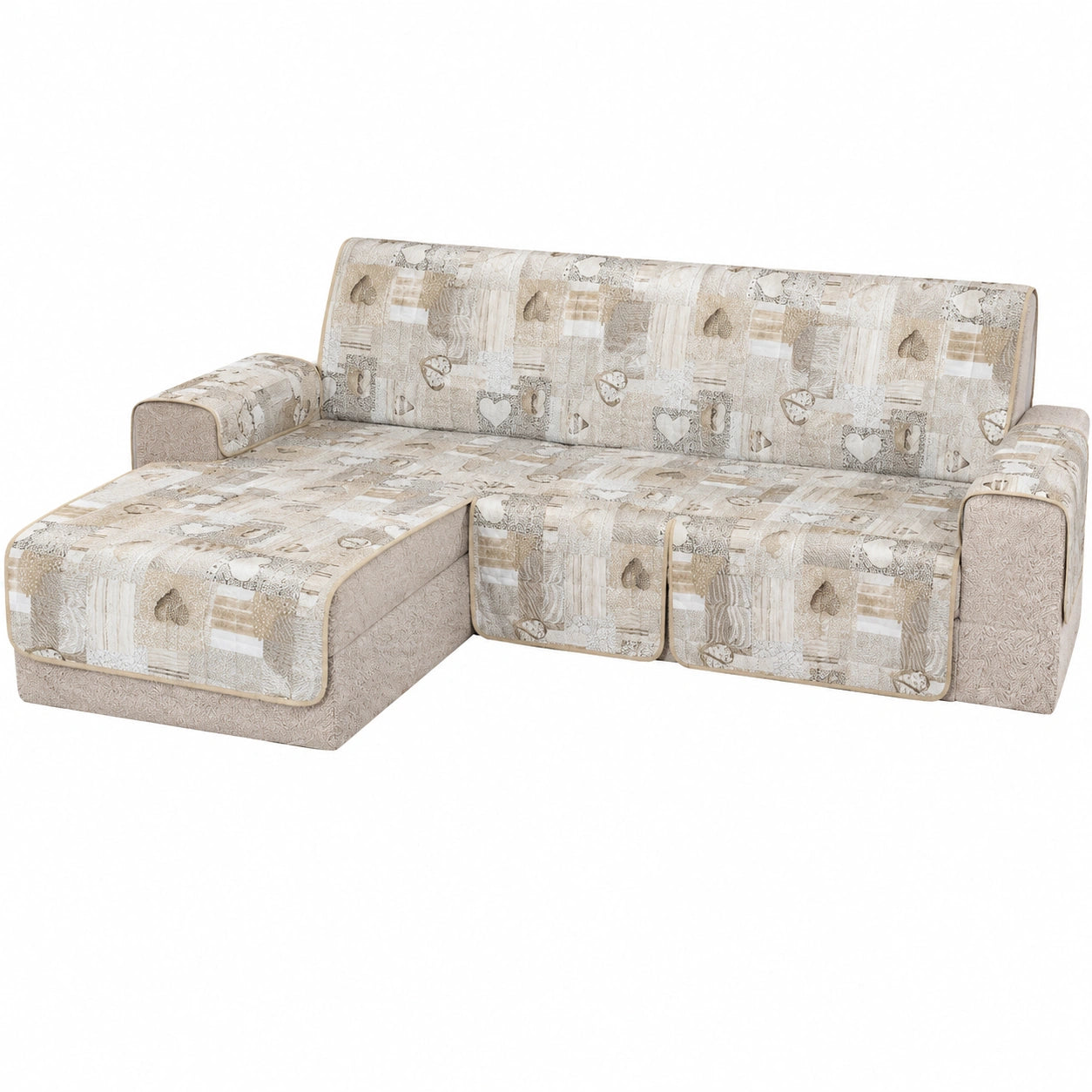 Copridivano Imbottito Reversibile con Penisola, Stile Shabby, Universale - Beige per 3 Posti