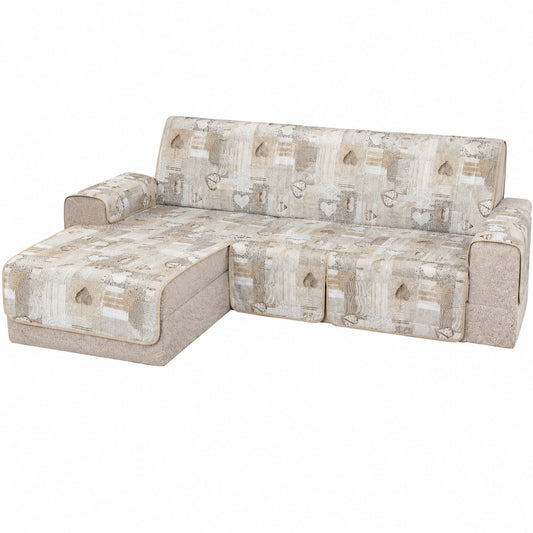 Copridivano Imbottito Reversibile con Penisola, Stile Shabby, Universale - Beige per 3 Posti