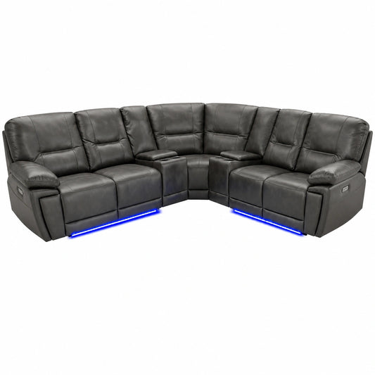 Divano angolare in pelle grigia con LED e USB