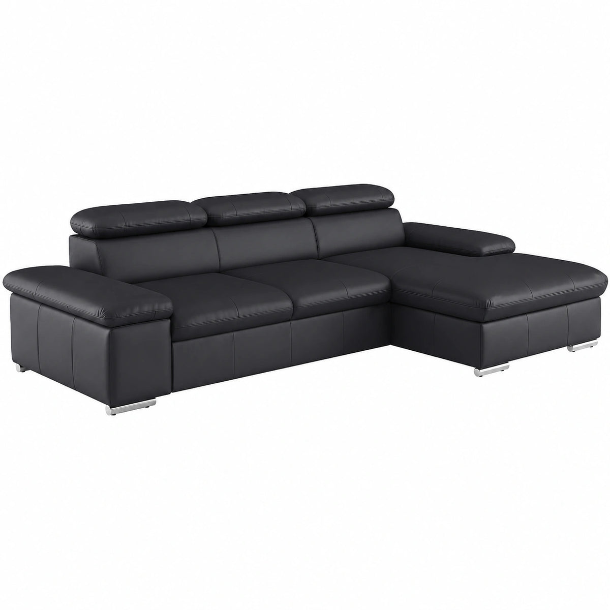 Divano Letto Angolare in Vera Pelle Nera con Funzione Sleep e Chaise Longue - 286x73x174 cm