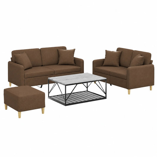 Set Divano Angolare 3 Pezzi in Tessuto Marrone con Cuscini
