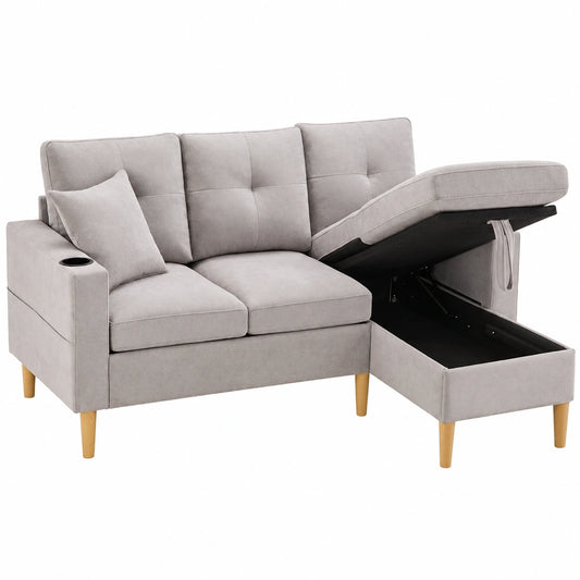 Divano ad Angolo Moderno a Forma di L con Spazio Contenitore e Chaise Longue - Include Portabevande e Cuscini - Dimensioni 175x129x90cm - Colore Grigio Chiaro per Soggiorno o Ufficio
